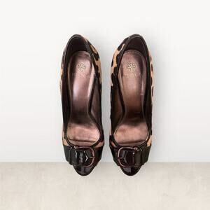 Isola Cheetah Pattern (Dyed Horse Hair) Buckle Open Toe Black Heels   9M​